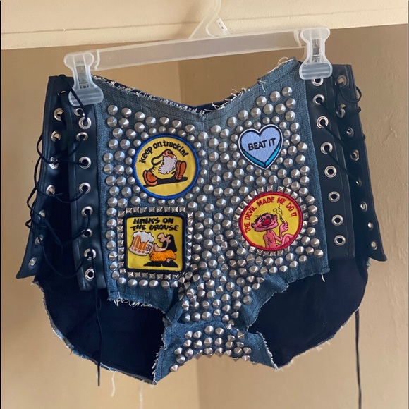 High Waisted Studded Out Patched Denim Shorts - Picture 2 of 3